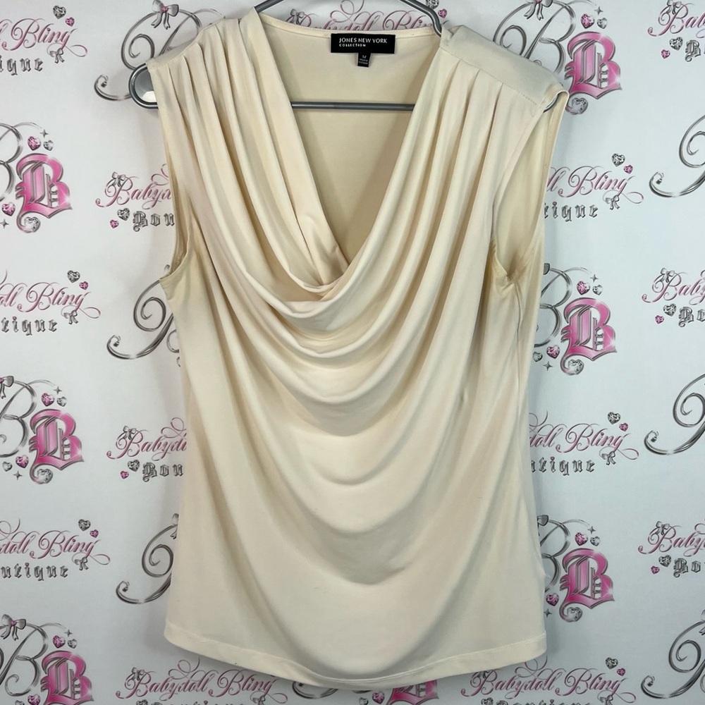 Jones New York tank top cowl neck draping detail white Cream Drape Neck Blouse